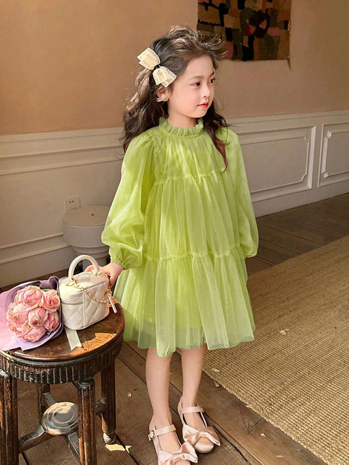 New Spring/Autumn Girls Cute Sweet Mesh Puffy Princess Dress With Puff Sleeves, For Birthday Party And Occasions