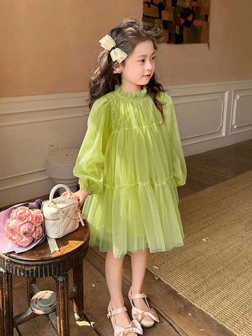 New Spring/Autumn Girls Cute Sweet Mesh Puffy Princess Dress With Puff Sleeves, For Birthday Party And Occasions