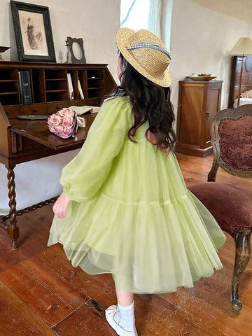 New Spring/Autumn Girls Cute Sweet Mesh Puffy Princess Dress With Puff Sleeves, For Birthday Party And Occasions
