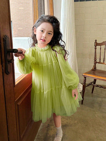 New Spring/Autumn Girls Cute Sweet Mesh Puffy Princess Dress With Puff Sleeves, For Birthday Party And Occasions