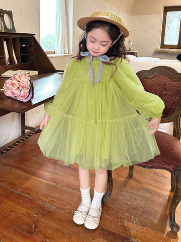 New Spring/Autumn Girls Cute Sweet Mesh Puffy Princess Dress With Puff Sleeves, For Birthday Party And Occasions
