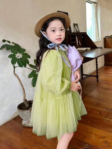 New Spring/Autumn Girls Cute Sweet Mesh Puffy Princess Dress With Puff Sleeves, For Birthday Party And Occasions