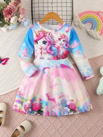 New Spring/Autumn Rainbow Unicorn Print Long Sleeve Cartoon Dress, Suitable For 4-7 Years Old Girls, Casual Daily Wear For Toddlers & Little Girls, Autumn/Winter