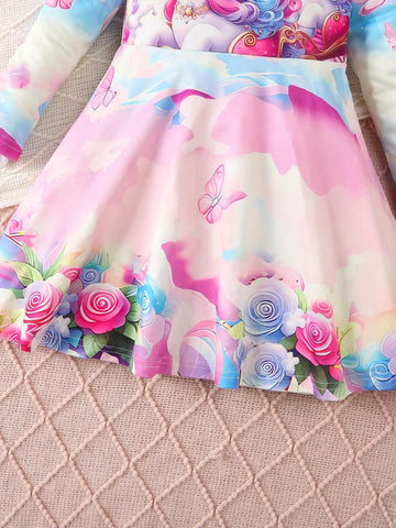 New Spring/Autumn Rainbow Unicorn Print Long Sleeve Cartoon Dress, Suitable For 4-7 Years Old Girls, Casual Daily Wear For Toddlers & Little Girls, Autumn/Winter