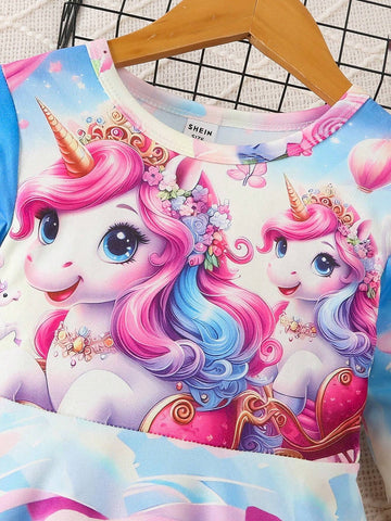 New Spring/Autumn Rainbow Unicorn Print Long Sleeve Cartoon Dress, Suitable For 4-7 Years Old Girls, Casual Daily Wear For Toddlers & Little Girls, Autumn/Winter