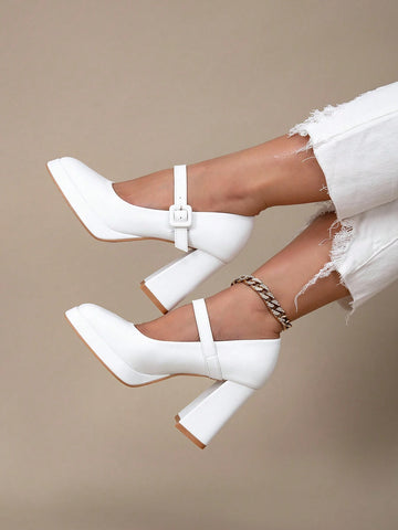 New Spring/Autumn White Leather One-Buckle High Heel Shoes, Waterproof Platform
