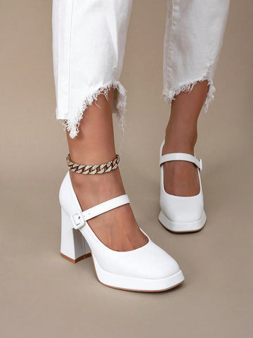New Spring/Autumn White Leather One-Buckle High Heel Shoes, Waterproof Platform