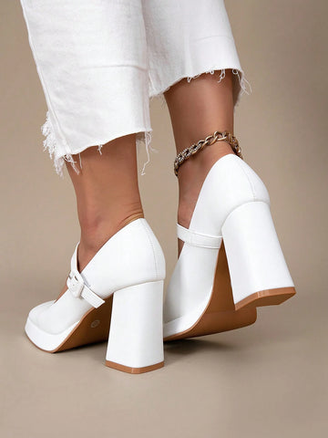 New Spring/Autumn White Leather One-Buckle High Heel Shoes, Waterproof Platform