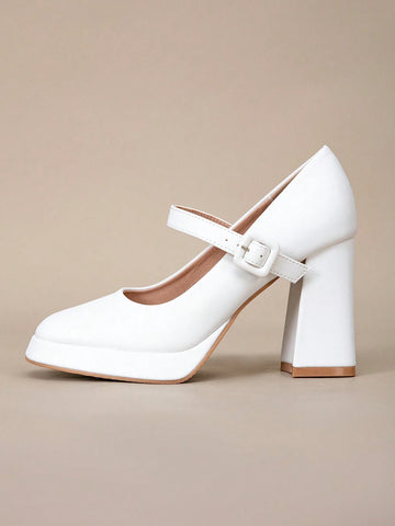 New Spring/Autumn White Leather One-Buckle High Heel Shoes, Waterproof Platform