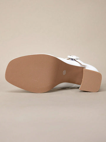 New Spring/Autumn White Leather One-Buckle High Heel Shoes, Waterproof Platform