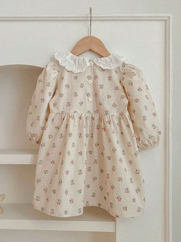 New Spring/Fall Floral Print Long Sleeve Princess Dress For Young Girls