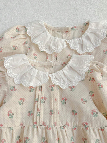 New Spring/Fall Floral Print Long Sleeve Princess Dress For Young Girls