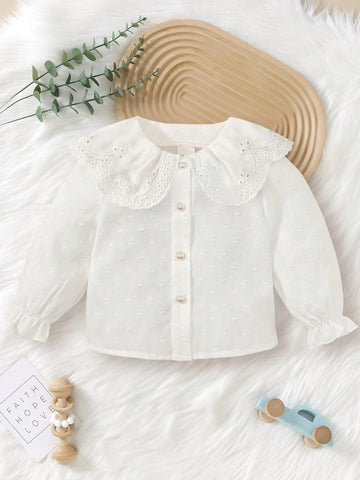 New Spring And Autumn Kids' Shirt For Girls, Simple Jacquard Design With Cute Lace Peter Pan Collar, Stylish And Casual For Children Of All Ages