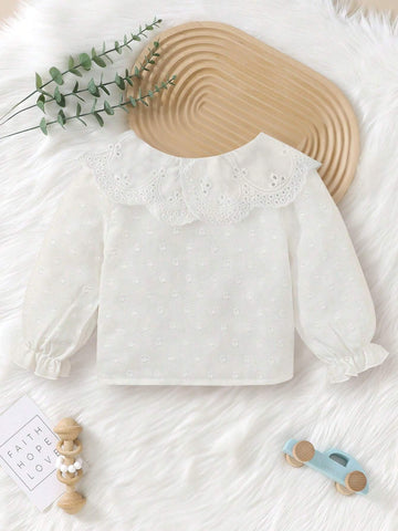 New Spring And Autumn Kids' Shirt For Girls, Simple Jacquard Design With Cute Lace Peter Pan Collar, Stylish And Casual For Children Of All Ages