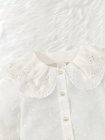 New Spring And Autumn Kids' Shirt For Girls, Simple Jacquard Design With Cute Lace Peter Pan Collar, Stylish And Casual For Children Of All Ages