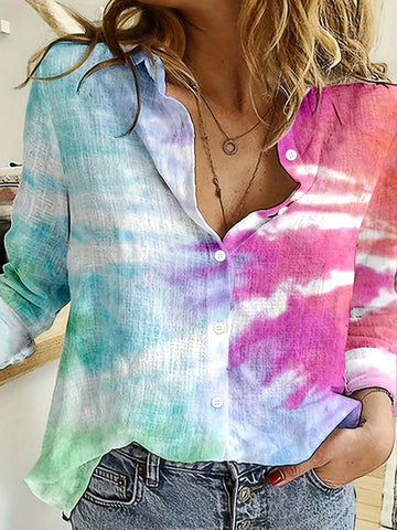 New Spring And Autumn Printed Turn-Down Collar Casual Loose Long Sleeve Linen Women Shirt