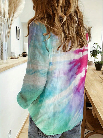 New Spring And Autumn Printed Turn-Down Collar Casual Loose Long Sleeve Linen Women Shirt