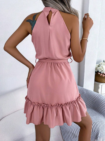 New Spring And Summer Solid Color Casual Sleeveless Dress With Belt And Ruffled Hem Design