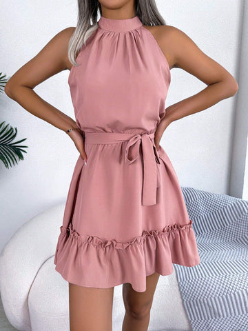 New Spring And Summer Solid Color Casual Sleeveless Dress With Belt And Ruffled Hem Design