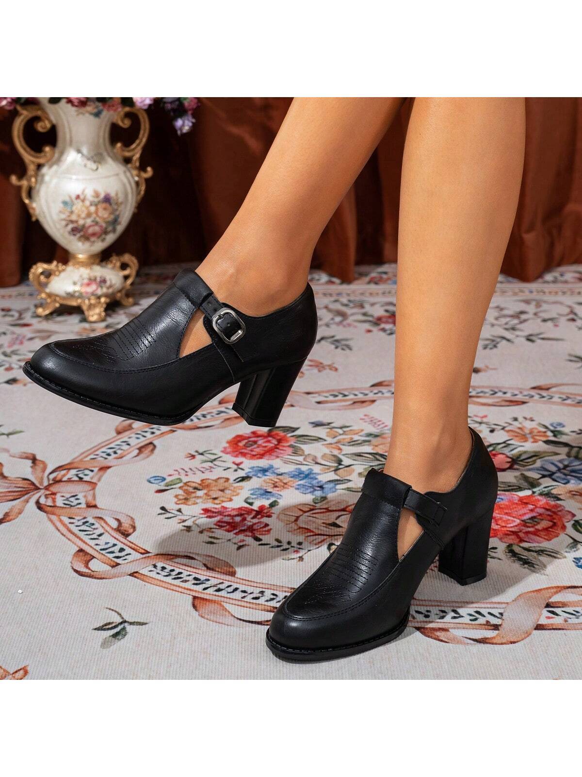 New Spring Autumn Middle Aged Mom Shoes, Women High Heel Thick Heel T-Strap Buckle Leather Shoes,