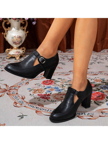 New Spring Autumn Middle Aged Mom Shoes, Women High Heel Thick Heel T-Strap Buckle Leather Shoes,