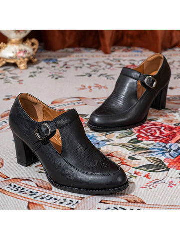 New Spring Autumn Middle Aged Mom Shoes, Women High Heel Thick Heel T-Strap Buckle Leather Shoes,