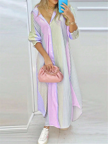 New Spring Summer Contrast Color Striped Patchwork Long Shirt Dress With Single-Breasted Design