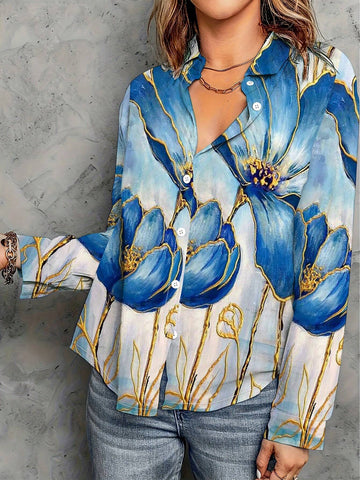 New Spring & Autumn European And American Style Printing Turn-Down Collar Women's Casual Loose Long-Sleeved Shirt, Comfortable