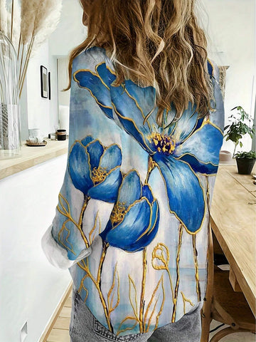 New Spring & Autumn European And American Style Printing Turn-Down Collar Women's Casual Loose Long-Sleeved Shirt, Comfortable