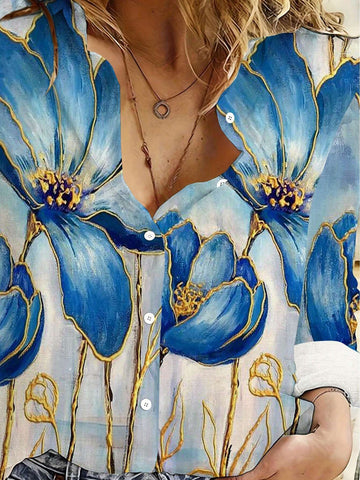 New Spring & Autumn European And American Style Printing Turn-Down Collar Women's Casual Loose Long-Sleeved Shirt, Comfortable