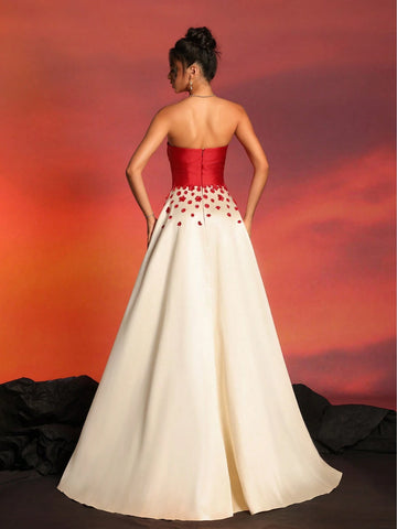 New Strapless Sexy Color-Block Dress With High Waist, Slimming Style For Cocktail Parties And Evening Events