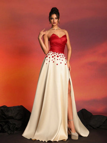 New Strapless Sexy Color-Block Dress With High Waist, Slimming Style For Cocktail Parties And Evening Events