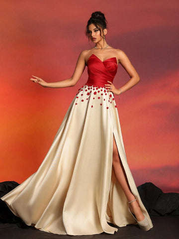 New Strapless Sexy Color-Block Dress With High Waist, Slimming Style For Cocktail Parties And Evening Events