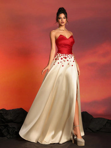 New Strapless Sexy Color-Block Dress With High Waist, Slimming Style For Cocktail Parties And Evening Events