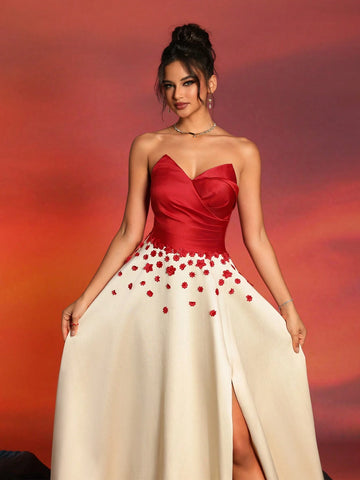 New Strapless Sexy Color-Block Dress With High Waist, Slimming Style For Cocktail Parties And Evening Events