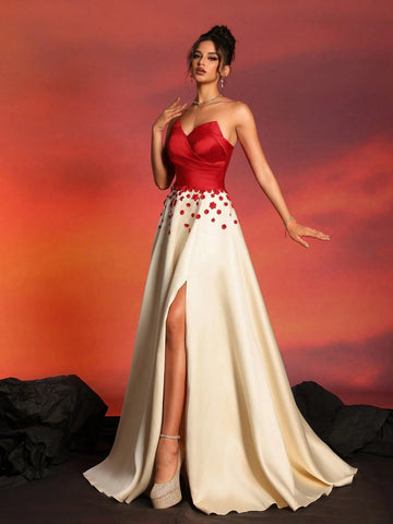 New Strapless Sexy Color-Block Dress With High Waist, Slimming Style For Cocktail Parties And Evening Events