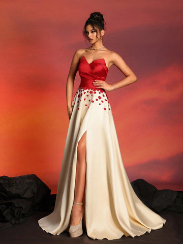 New Strapless Sexy Color-Block Dress With High Waist, Slimming Style For Cocktail Parties And Evening Events