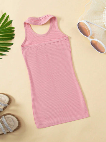 New Style Girl Slim Fit Halter Neck Knit Ribbed Ice Silk Dress