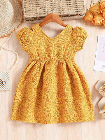 New Style Girls' Patched Monochrome Spaghetti Strap Dress With Decorative Shoulder Strap And Puffy Sleeves, Spring And Summer