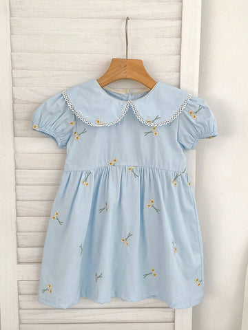 New Style Peter Pan Collar Embroidery Flower Girls' Short Sleeve Princess Dress