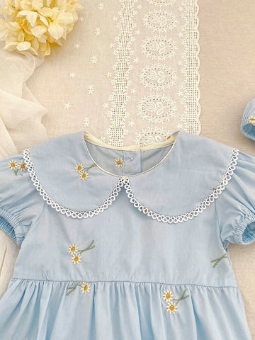 New Style Peter Pan Collar Embroidery Flower Girls' Short Sleeve Princess Dress