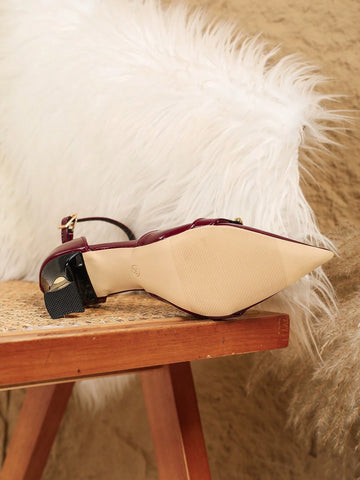 New Style Women's Fashion Pointed Toe High Heel Pumps, Burgundy Minimalist Block Heels Hollow Out
