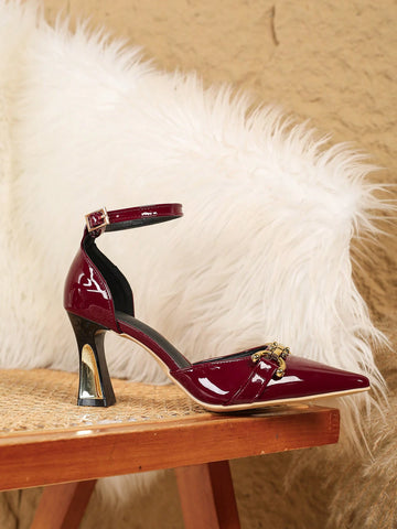 New Style Women's Fashion Pointed Toe High Heel Pumps, Burgundy Minimalist Block Heels Hollow Out