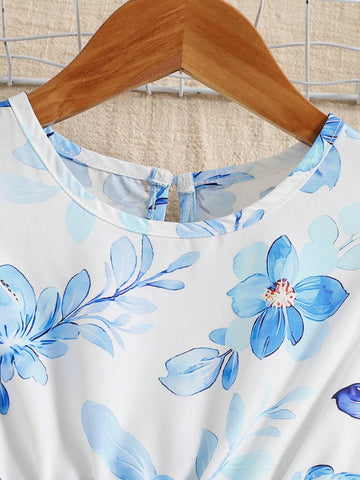 New Summer Arrival Girls' Korean Style Simple Fresh Blue Flower Print Flutter Sleeve Dress