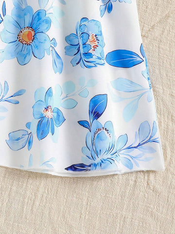 New Summer Arrival Girls' Korean Style Simple Fresh Blue Flower Print Flutter Sleeve Dress