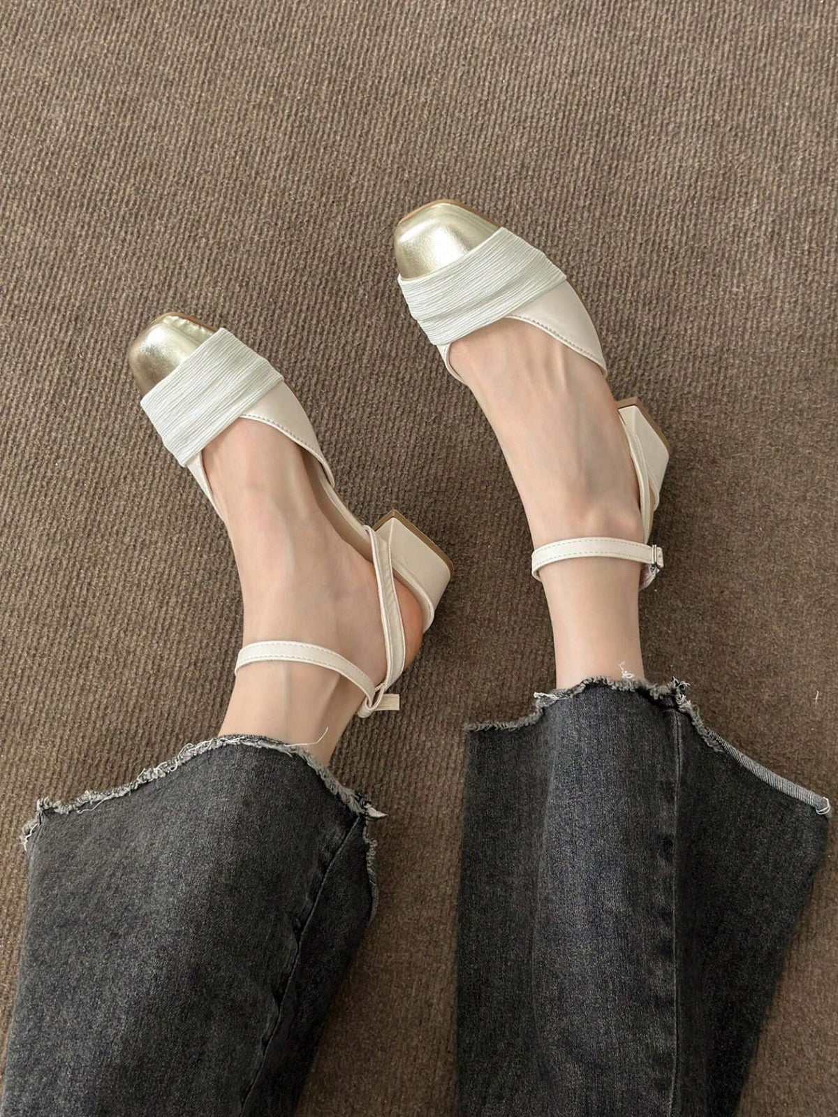 New Summer Beige Popular Half Slippers With Closed Toe, High Heel, Women's Fashionable Chunky Heel Square-Toed