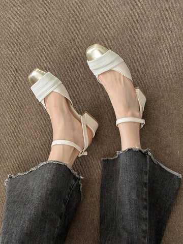 New Summer Beige Popular Half Slippers With Closed Toe, High Heel, Women's Fashionable Chunky Heel Square-Toed