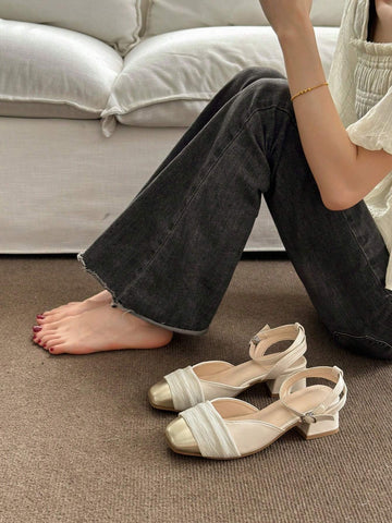 New Summer Beige Popular Half Slippers With Closed Toe, High Heel, Women's Fashionable Chunky Heel Square-Toed