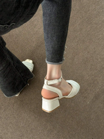 New Summer Beige Popular Half Slippers With Closed Toe, High Heel, Women's Fashionable Chunky Heel Square-Toed