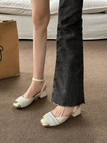 New Summer Beige Popular Half Slippers With Closed Toe, High Heel, Women's Fashionable Chunky Heel Square-Toed